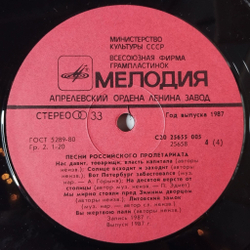 Винтажная виниловая пластинка LP Сборник Песни Российского Пролетариата (СССР 1987)