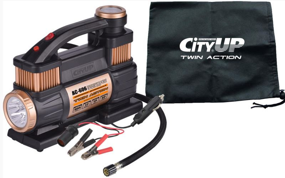 Компрессор автомобильный CityUP AC-606 двухпоршневой с фонарем, 60л/мин., 300 Вт