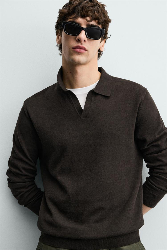 ZARA ТРИКОТАЖНОЕ ПОЛО КЛАССИЧЕСКОГО КРОЯ, ШОКОЛАДНЫЙ