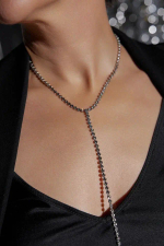 Колье галстук тонкие линии из прозрачных кристаллов, оттенок серебро