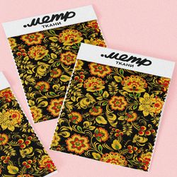 Ткань оксфорд 600 хохлома на чёрном