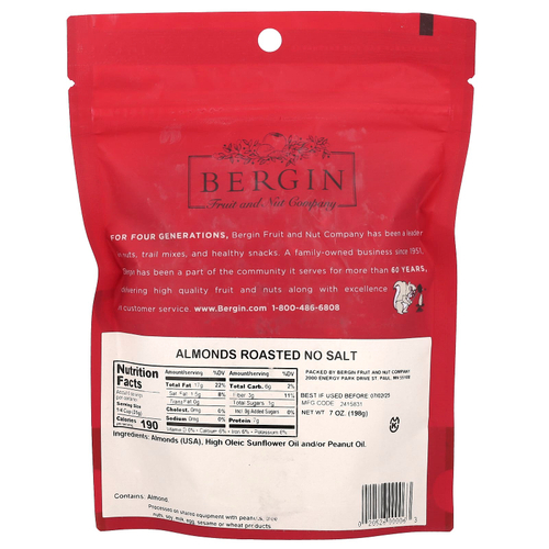 Bergin Fruit and Nut Company, обжаренный миндаль, без соли, 198 г (7 унций)