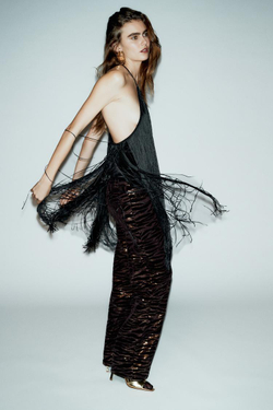 ZARA ТОП ХАЛТЕР ИЗ БАРХАТА С БАХРОМОЙ, ЧЕРНЫЙ