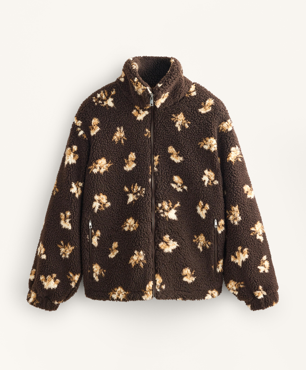 Oysho Куртка из искусственной овчины с цветочным принтом, коричневый