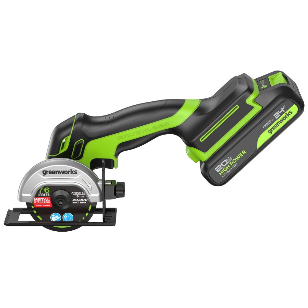 Угловая мини-шлифмашина акк. Greenworks GD24UCS, 24V, б/щет, 20000 об/мин,76 мм, рез 18 мм,1х2Ач,ЗУ,кор (3402007CUA)