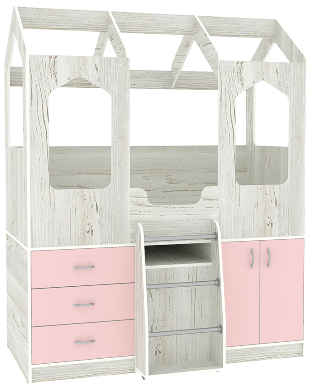 Кровать-чердак КарИВи Домик Сказка с выдвижным столом ДС-14 Винтерберг Розовый