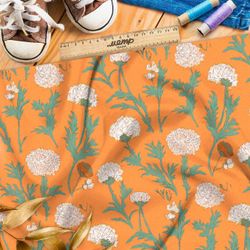 Ткань премиум флис белые цветочки на оранжевом