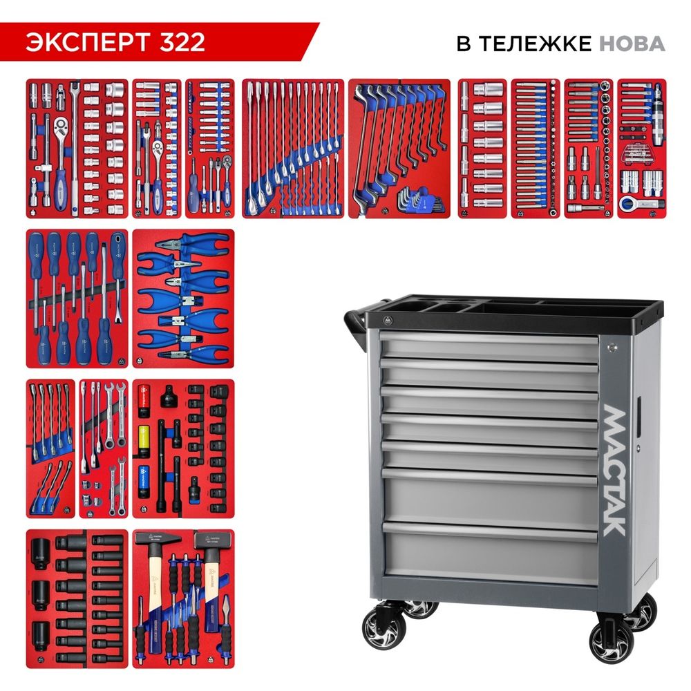 МАСТАК (50-07322G) Набор инструментов 323 предмета, "ЭКСПЕРТ 322", в серой тележке