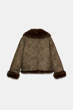 ZARA КОРОТКОЕ ДВУСТОРОННЕЕ ПАЛЬТО С ВЫШИВКОЙ, ТЕМНЫЙ ХАКИ