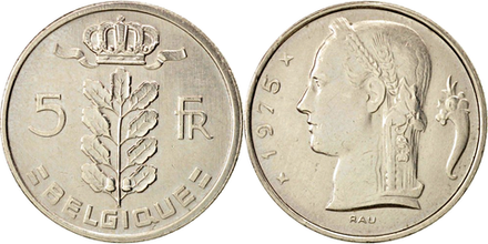 Бельгия 5 франков, 1948-1981 Надпись на французском - 'BELGIQUE' XF