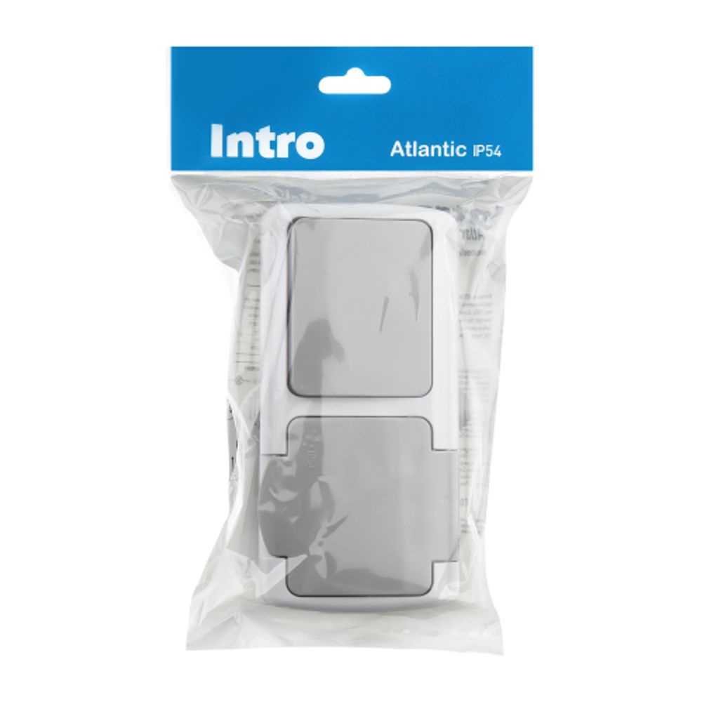 Блок розетка с выключателем Intro Atlantic 5-701-03 одноклавишным 2P+E 10-16А-250В гориз. открытой установки IP54 серый