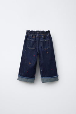 ZARA ДЖИНСЫ-КЮЛОТЫ С ВЫШИВКОЙ В ВИДЕ СОБАКИ, СИНИЙ