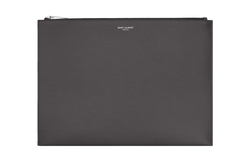 SAINT LAURENT Leather Tablet Bag Clutch Men"s Gray White