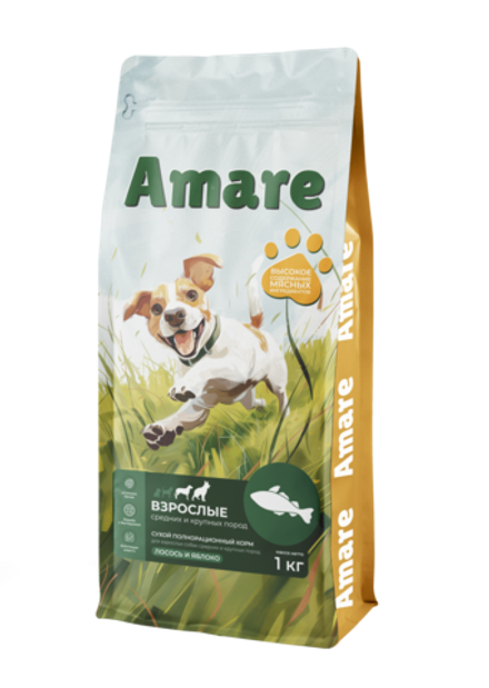 Amare Сухой полнорационный корм для взрослых собак средних и крупных пород лосось и яблоко 1 кг