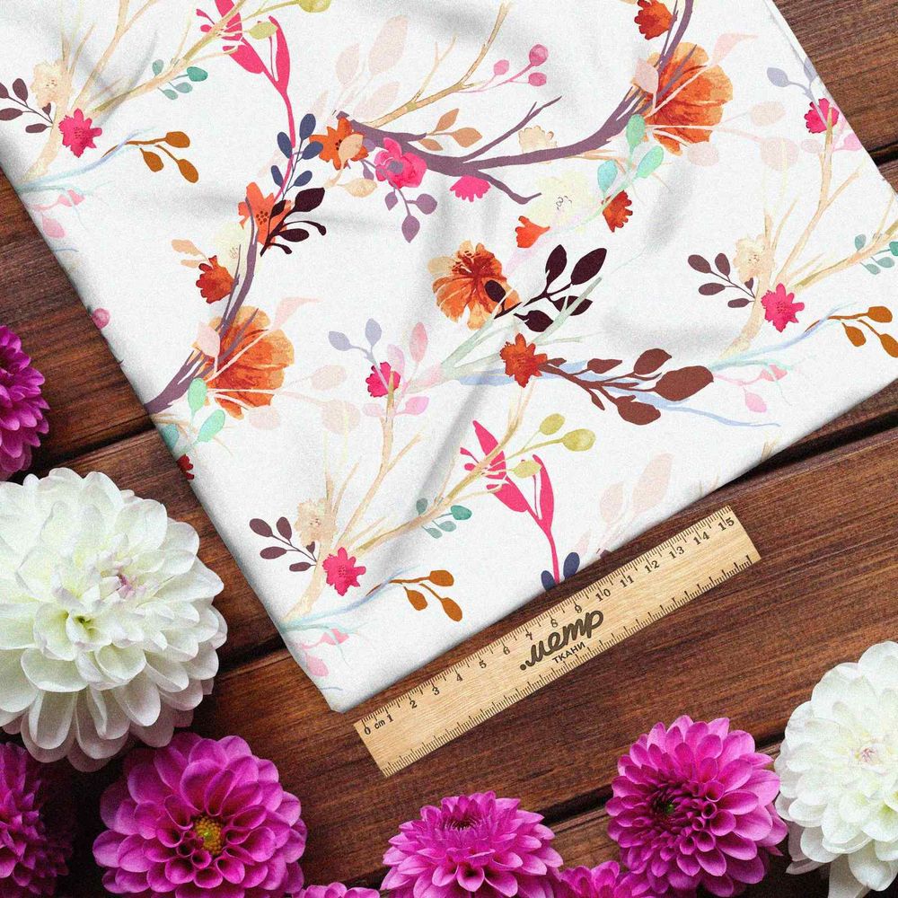 Ткань кулирная гладь акварельные веточки и лепестки