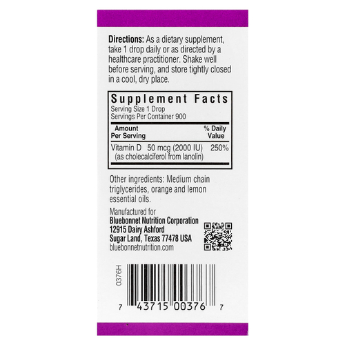 Bluebonnet Nutrition, жидкий витамин D3 в каплях, цитрус, 50 мкг (2000 МЕ), 30 мл (1 жидк. унция)