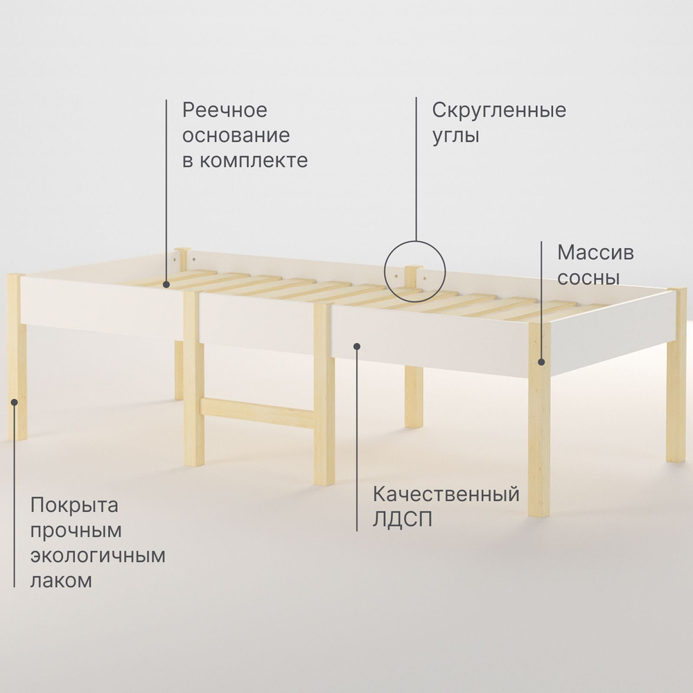 Кровать односпальная Ами 160х80 см из массива сосны, ЛДСП, цвет белый/натуральная сосна