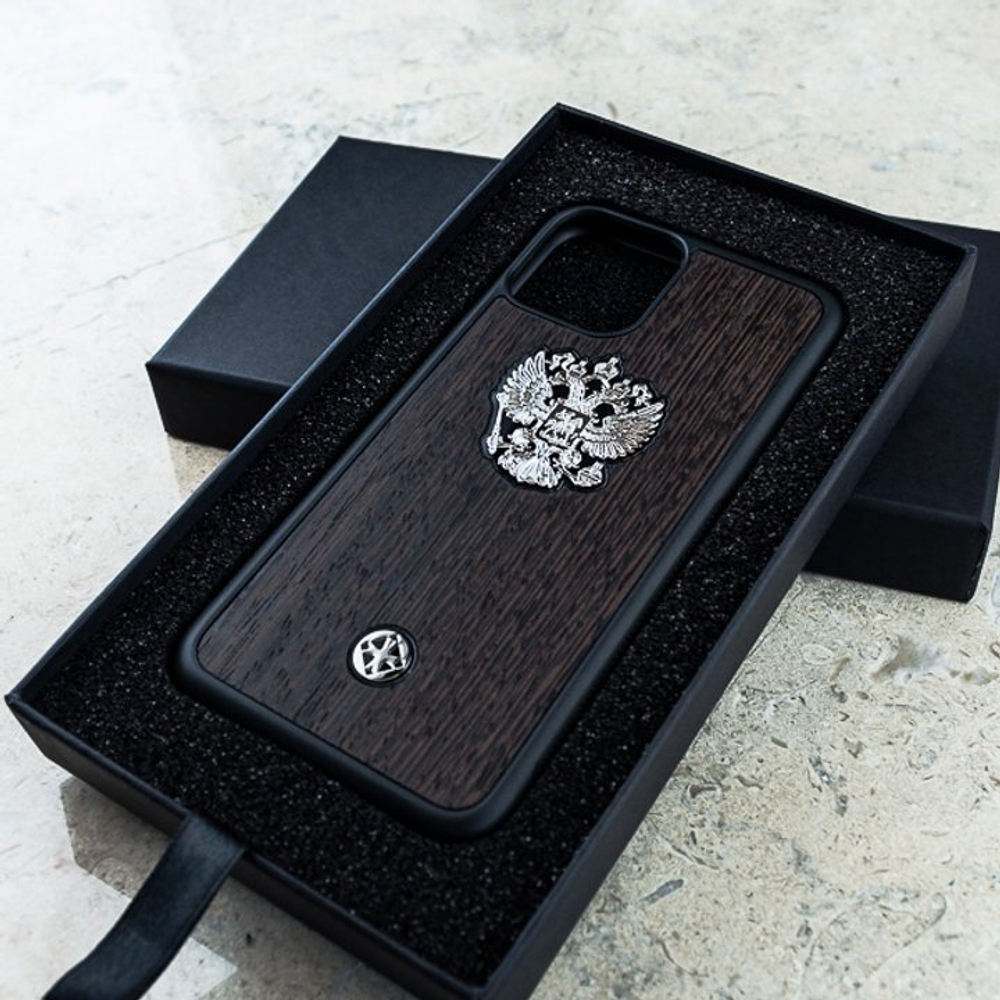 Дизайнерский чехол iPhone с гербом России - Euphoria HM Premium - натуральное дерево, ювелирный сплав