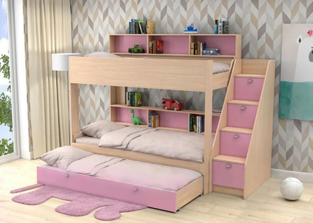 Трехъярусная кровать КарИВи Голден Кидс 10.1  Дуб Молочный Розовый