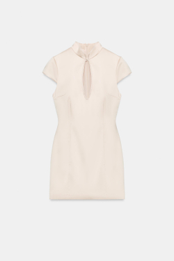 ZARA АТЛАСНОЕ МИНИ-ПЛАТЬЕ С РАЗРЕЗОМ, КОСТЯНОЙ