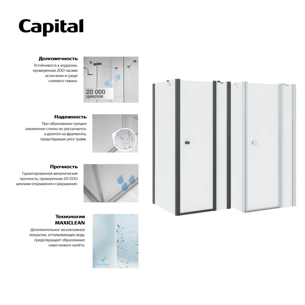 Дверь распашная Roca Capital 1200x1950 мм, с фиксированной частью, стекло прозрачное, черный AM4612016M