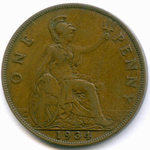 1 пенни 1934 год. Великобритания (Георг V). Бронза, диаметр 30.8 мм. VF