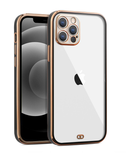 Мягкий защитный чехол на iPhone 12 и 12 Pro, прозрачный с черными рамки, вставки золотистого цвета