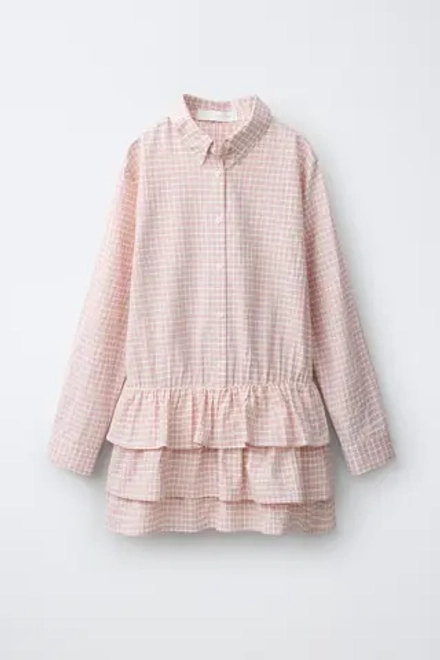 ZARA ПЛАТЬЕ-РУБАШКА В КЛЕТКУ С ОБОРКАМИ, РОЗОВЫЙ