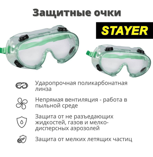 Очки защитные строительные STAYER PROFI ударопрочная линза, с непрямой вентиляцией