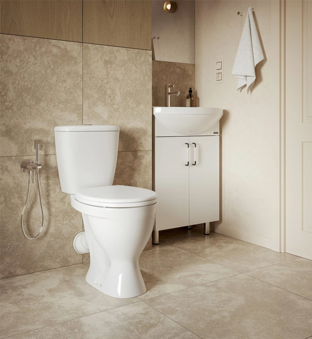 Унитаз-компакт "Рондо" (кос, нижн, арм. 2 реж. Уклад, сид. полипроп.) (Sanita)