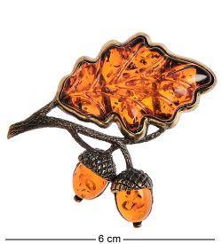 AM-2619 Брошь «Лист Дуба» (латунь, янтарь)