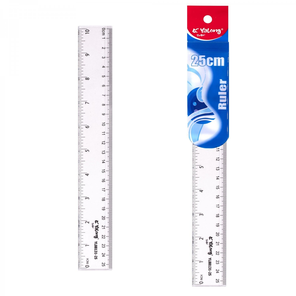Линейка Yalong, 25 см, пластиковая, 2 шкалы см/дюйм, прозрачная, пакет ПВХ