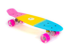 Скейтборд TRIX мини 22" 56 см , пластик, подвеска-алюм., колеса светящиеся PU 45х60 мм розовые, ABEC 7, голуб/желт/роз.