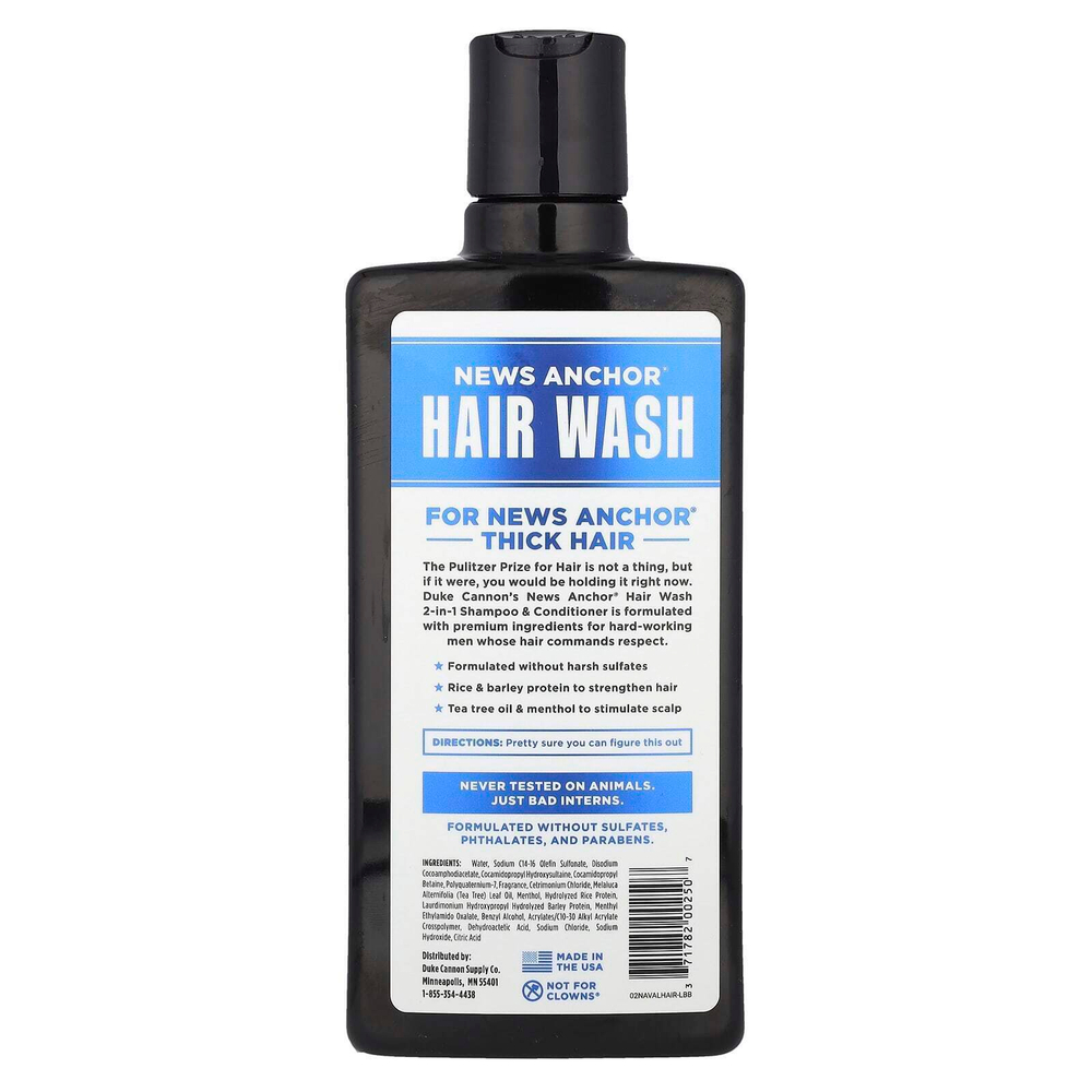 Duke Cannon Supply Co., News Anchor® Hair Wash, шампунь и кондиционер 2 в 1, Naval Diplomacy, бергамот и водный мускус, 414 мл (14 жидк. Унций)