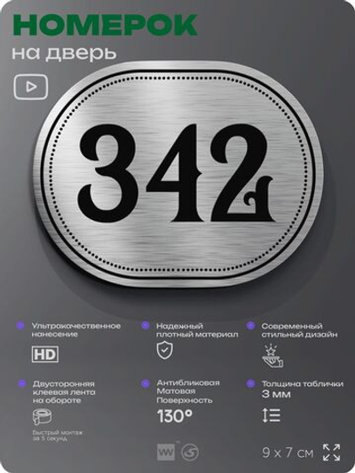 Номерок на дверь квартиры 342, для кабинета, офиса, шильдик 9 х 7 см, брашированная сталь, Айдентика Технолоджи