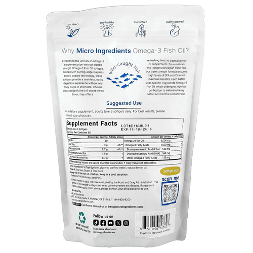 Micro Ingredients, рыбий жир с омега-3, лимон, 240 капсул (1000 мг в 1 капсуле)