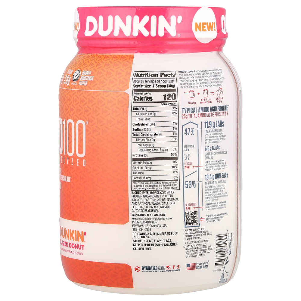 Dymatize, ISO100® Hydrolyzed, 100% изолят сывороточного протеина, глазированный пончик Dunkin®, 610 г (1,34 фунта)