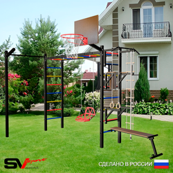 Уличная шведская стенка Sv Sport рукоход с комплектом турник прямой У5443К (Турник/Брусья/Стойка/Скамья/Со спинкой/Щит баскет/Кронш бокс/Канат/кольца/лестница)