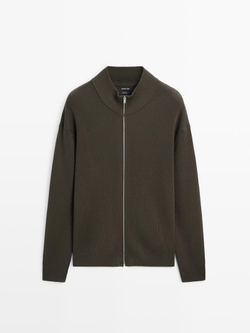 Massimo Dutti Кардиган из 100% хлопка с застежкой-молнией, серо-зеленый