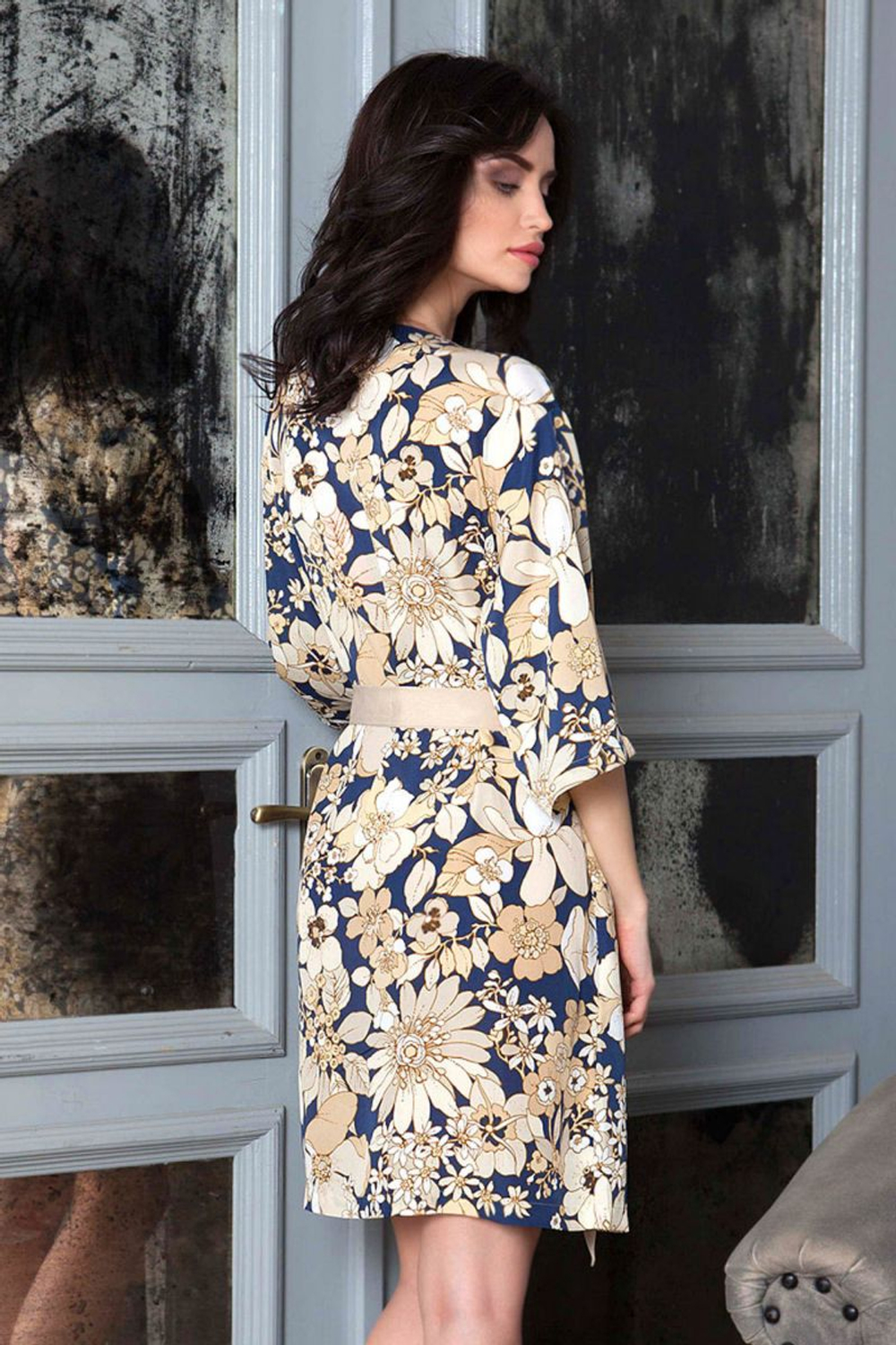 Короткий халат прямого силуэта Anita (Размер: XS-S) (Цвет: синий с бежевым)