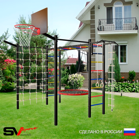 Уличная шведская стенка Sv Sport рукоход с комплектом турник прямой 2шт У5227.2К (Турник/Гнездо 115см/Щит баскет/Кронш бокс/Канат/кольца/лестница/Сетка)