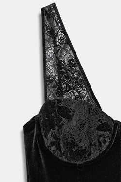 ZARA БАРХАТНОЕ ПЛАТЬЕ МИДИ С КРУЖЕВОМ, ЧЕРНЫЙ