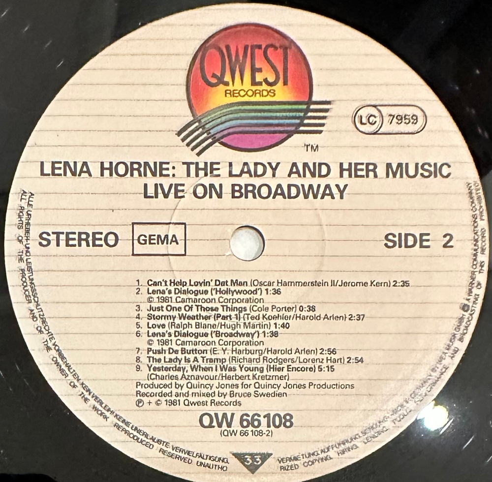 Lena Horne- Live On Broadway Lena Horne The Lady And Her Music 2LP (Германия 1981г.)