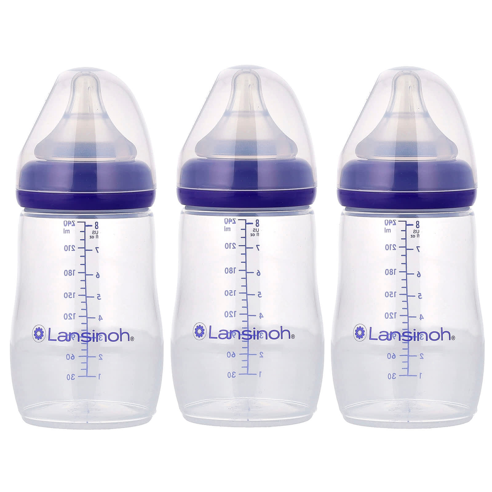 Lansinoh, бутылочки для кормления с соской NaturalWave®, средний поток, от 3 мес, 3 бутылочки по 240 мл (8 унций)