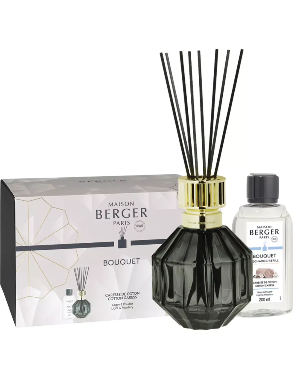 Maison Berger Paris - Набор палочек Facette Black Crystal + ароматическое масло Cotton Caress 200 мл / артикул   6907  / GTIN 3127290069078