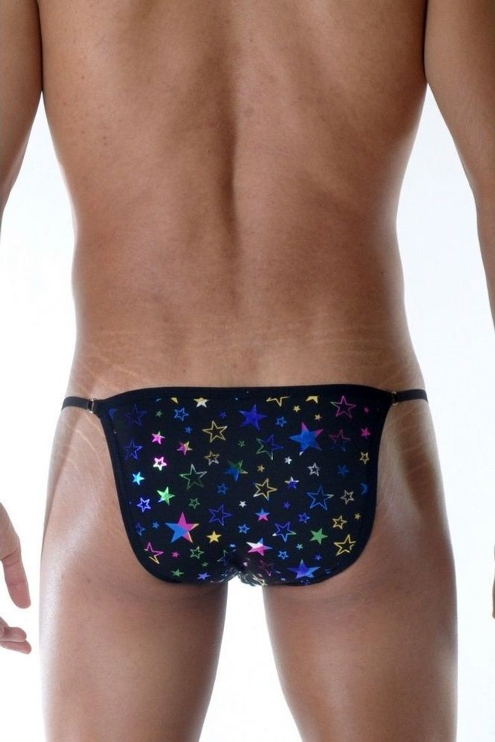 Черные мужские трусы-танга с разноцветными блестящими звездами (Размер: XL) (Цвет: черный)