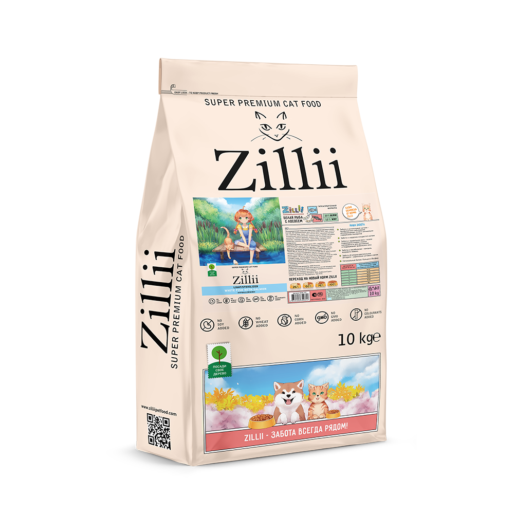 Сухой корм для взрослых кошек с избыточным весом и стерилизованных Белая Рыба с Лососем 10 кг ZILLII