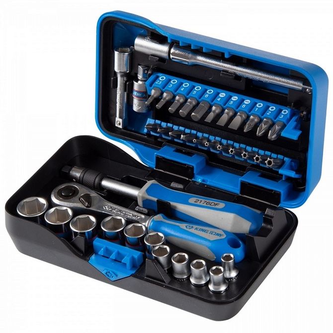 KING TONY (2539MR-AM) Набор торцевых головок с принадлежностями серии "ATOM", 1/4", шестигранные, 5-14 мм, 39 предметов