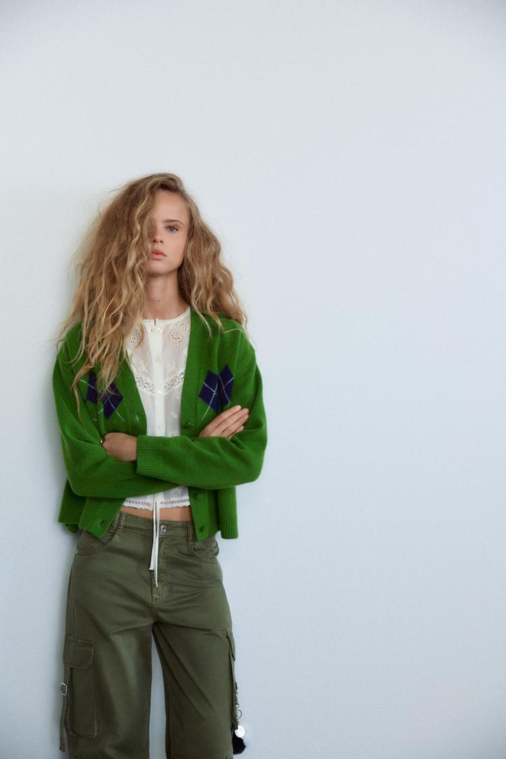 ZARA КАРДИГАН С УЗОРОМ «РОМБЫ», ЗЕЛЕНЫЙ