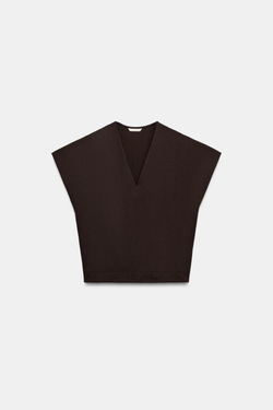 ZARA ФУТБОЛКА В СТИЛЕ РУСТИК С V-ОБРАЗНЫМ ВЫРЕЗОМ, ШОКОЛАДНЫЙ